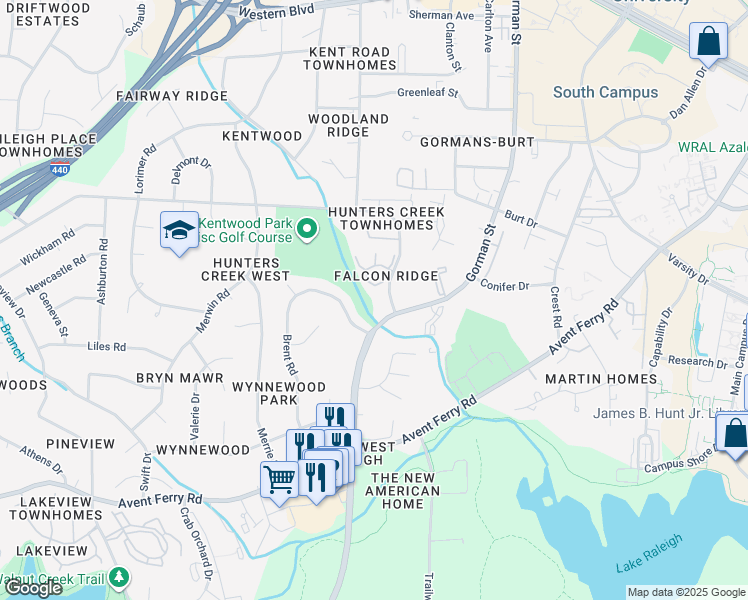 map of restaurants, bars, coffee shops, grocery stores, and more near 4107 Kaplan Drive in Raleigh