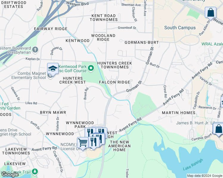map of restaurants, bars, coffee shops, grocery stores, and more near 4133 Kaplan Drive in Raleigh