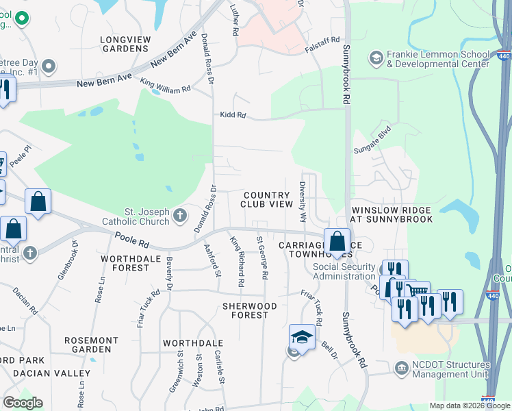 map of restaurants, bars, coffee shops, grocery stores, and more near 3104 Woodpecker Court in Raleigh