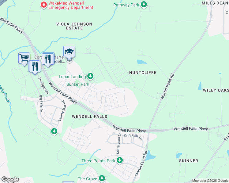 map of restaurants, bars, coffee shops, grocery stores, and more near 1532 Silver Elm Lane in Wendell