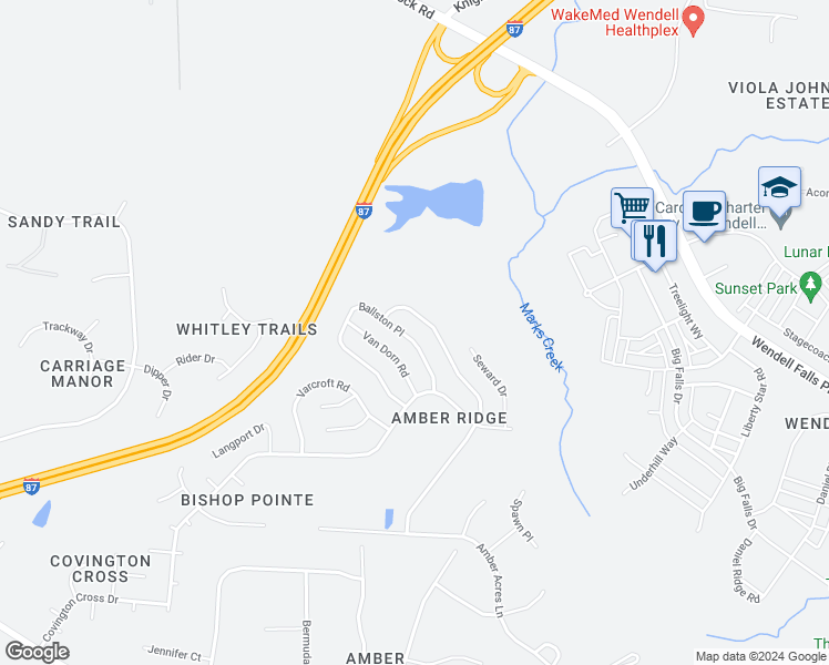 map of restaurants, bars, coffee shops, grocery stores, and more near 2040 Ballston Place in Knightdale