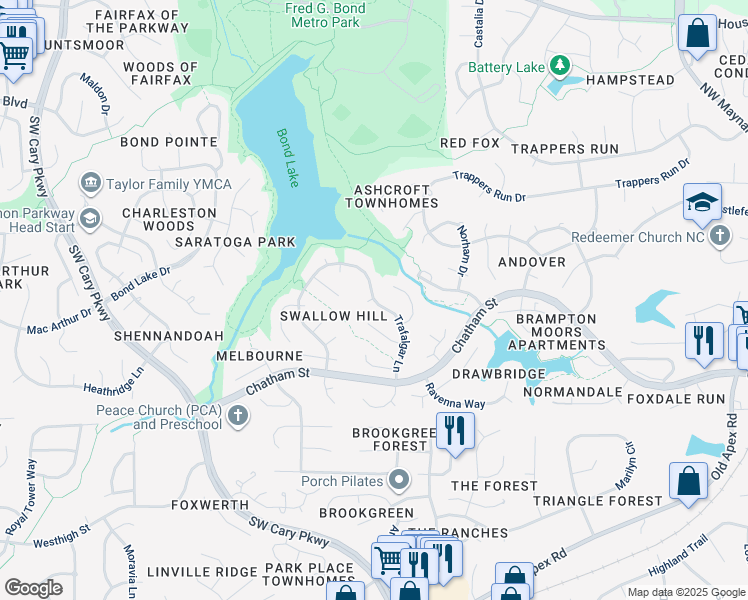 map of restaurants, bars, coffee shops, grocery stores, and more near 146 Trafalgar Lane in Cary