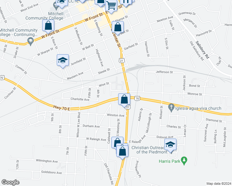 map of restaurants, bars, coffee shops, grocery stores, and more near 135 West Allison Street in Statesville