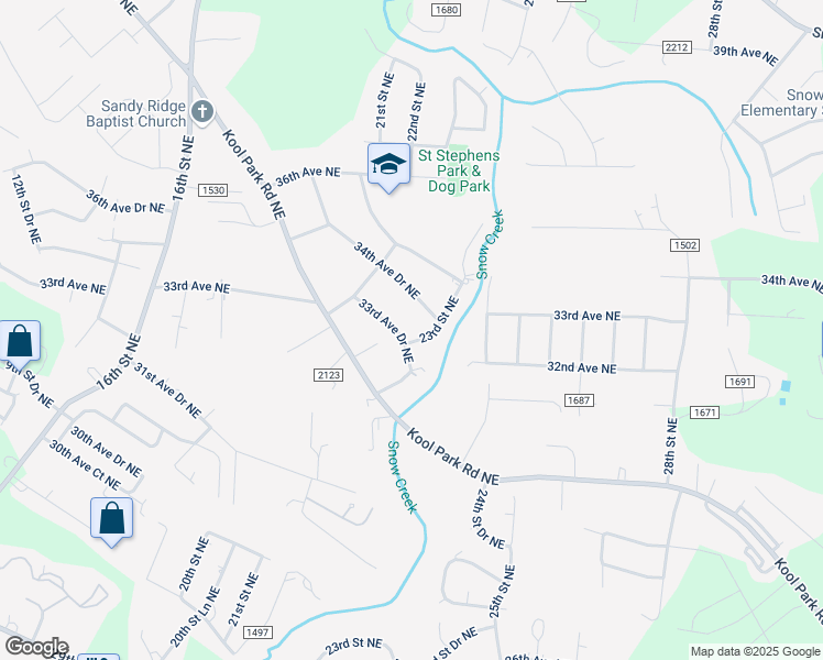 map of restaurants, bars, coffee shops, grocery stores, and more near 2231 33rd Avenue Drive Northeast in Hickory