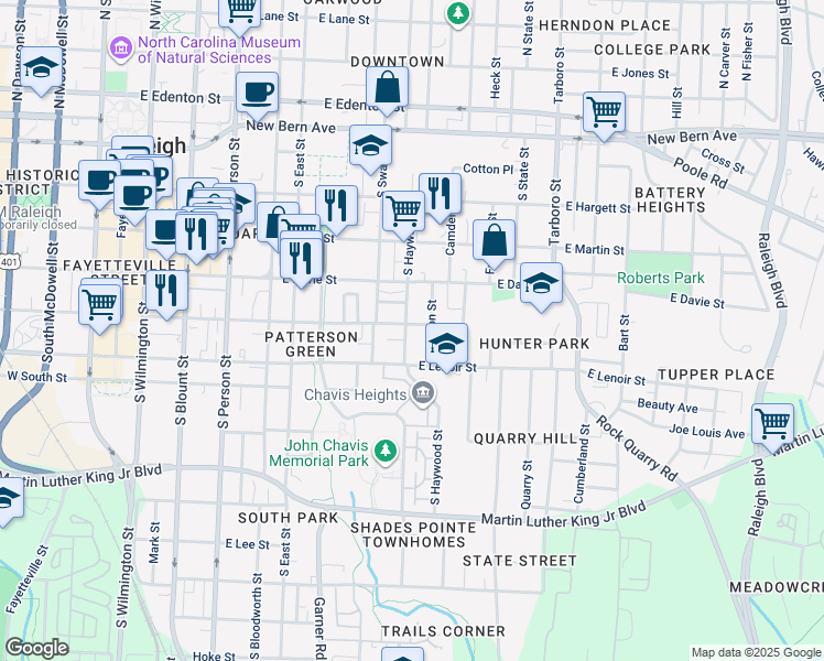map of restaurants, bars, coffee shops, grocery stores, and more near 604 East Cabarrus Street in Raleigh