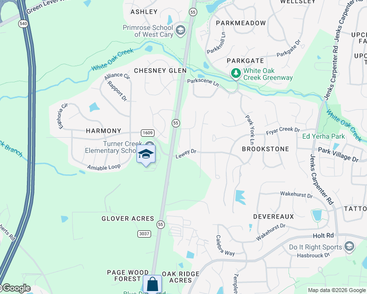 map of restaurants, bars, coffee shops, grocery stores, and more near 6736 Lewey Drive in Cary