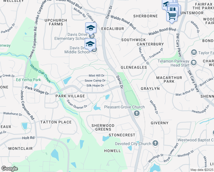 map of restaurants, bars, coffee shops, grocery stores, and more near 100 Halls Mill Drive in Cary