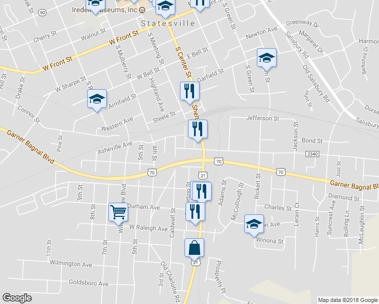 map of restaurants, bars, coffee shops, grocery stores, and more near 121 West Allison Street in Statesville