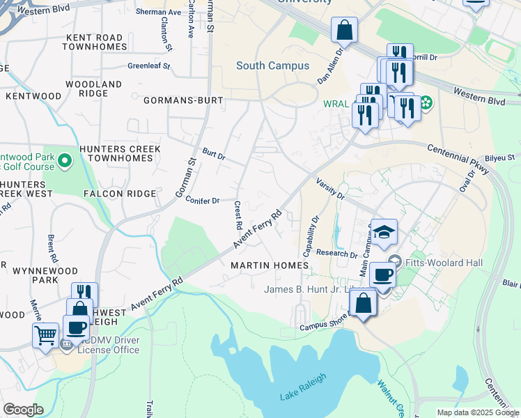 map of restaurants, bars, coffee shops, grocery stores, and more near 2520 Avent Ferry Road in Raleigh