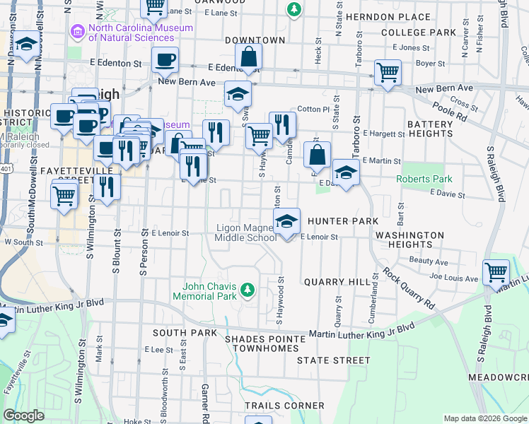 map of restaurants, bars, coffee shops, grocery stores, and more near 604 East Cabarrus Street in Raleigh