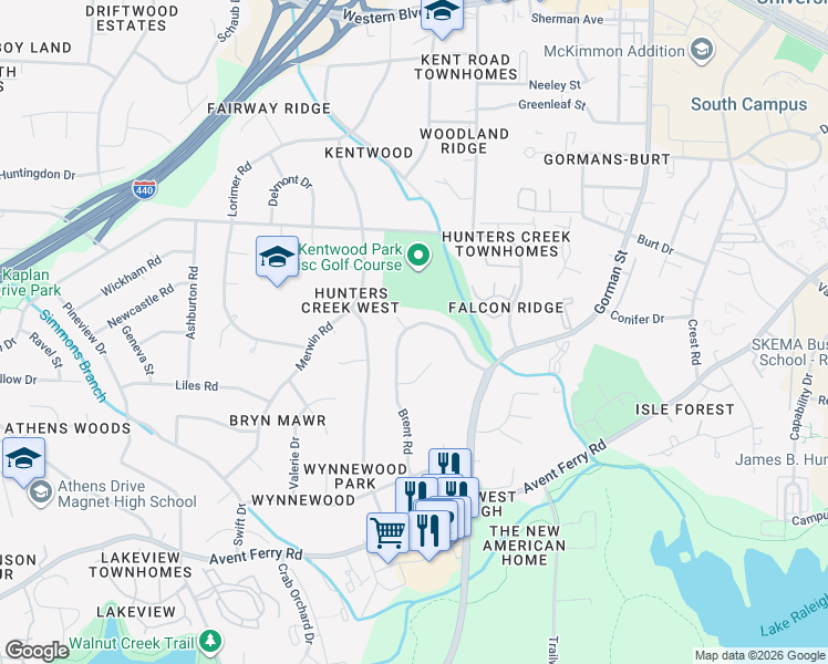 map of restaurants, bars, coffee shops, grocery stores, and more near 547 Brent Road in Raleigh