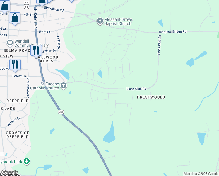 map of restaurants, bars, coffee shops, grocery stores, and more near in Wendell