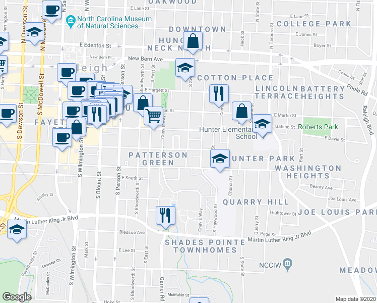 map of restaurants, bars, coffee shops, grocery stores, and more near 558 East Cabarrus Street in Raleigh