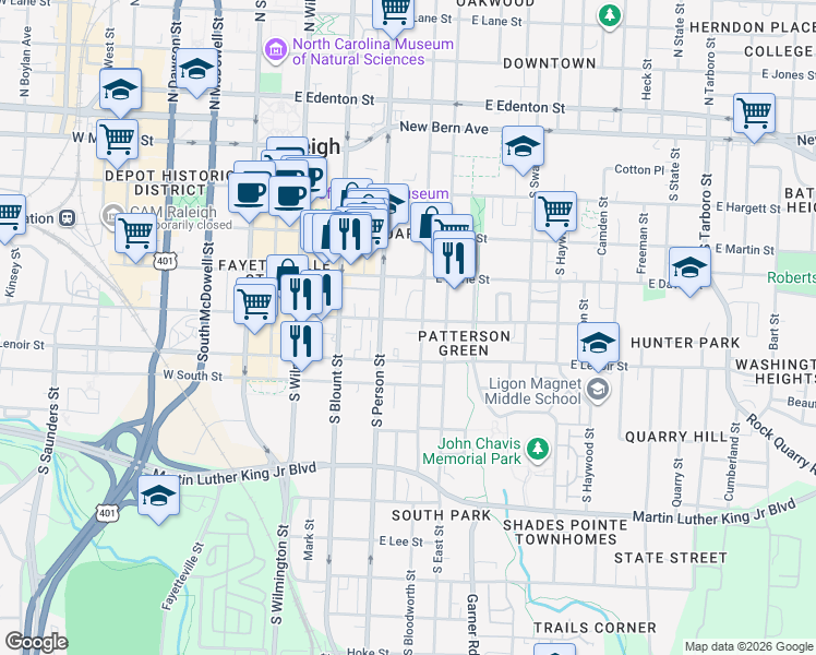 map of restaurants, bars, coffee shops, grocery stores, and more near 513 South Person Street in Raleigh