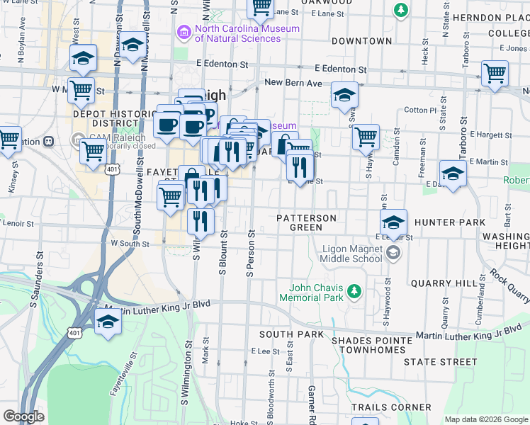 map of restaurants, bars, coffee shops, grocery stores, and more near 513 South Person Street in Raleigh