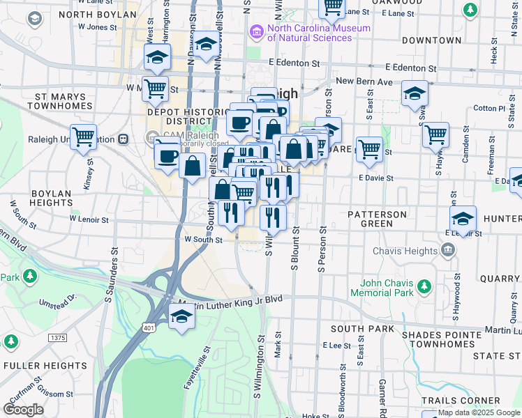 map of restaurants, bars, coffee shops, grocery stores, and more near 511 Fayetteville Street in Raleigh