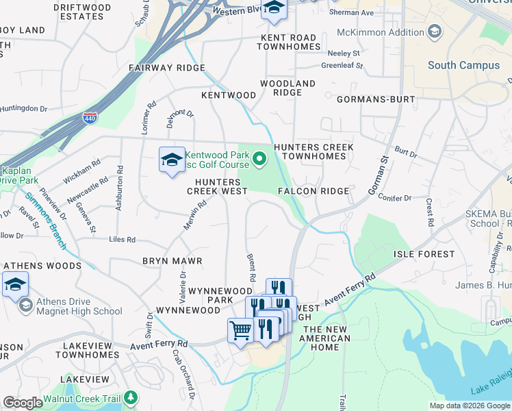map of restaurants, bars, coffee shops, grocery stores, and more near 547 Brent Road in Raleigh