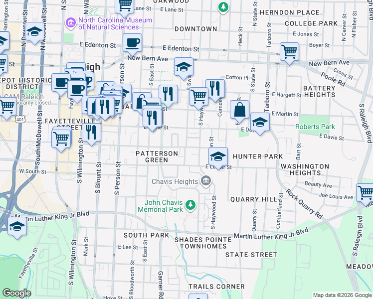 map of restaurants, bars, coffee shops, grocery stores, and more near 558 East Cabarrus Street in Raleigh