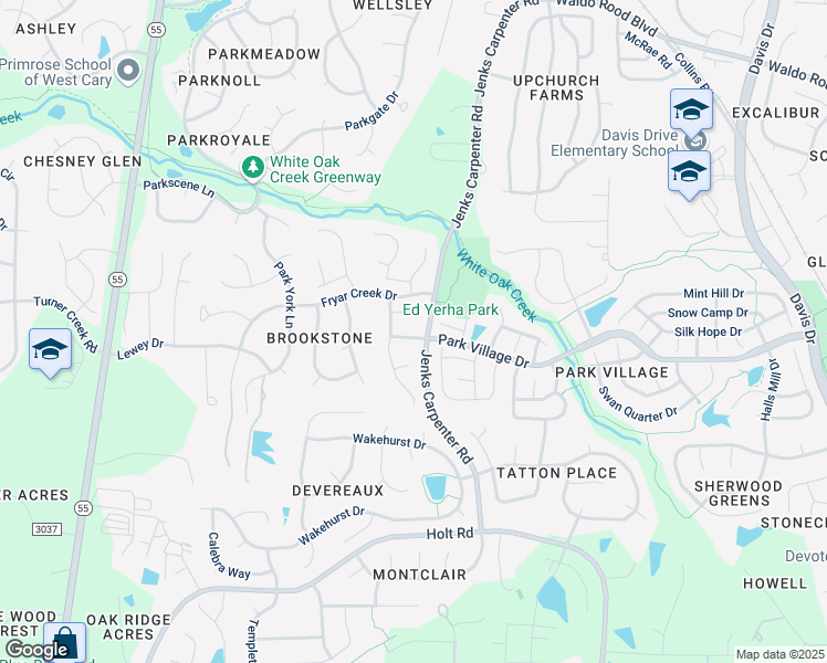 map of restaurants, bars, coffee shops, grocery stores, and more near 102 Brook Fryar Street in Cary