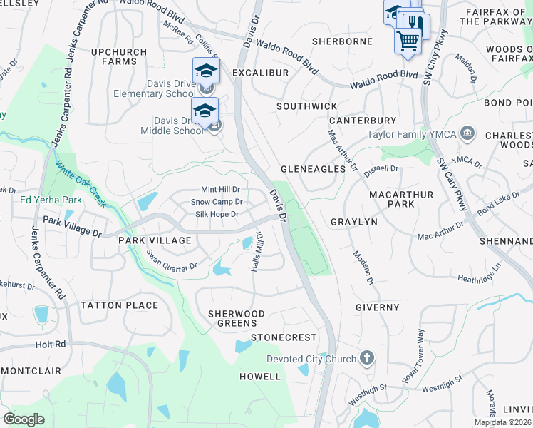 map of restaurants, bars, coffee shops, grocery stores, and more near 105 Halls Mill Drive in Cary