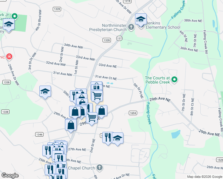map of restaurants, bars, coffee shops, grocery stores, and more near 120 31st Avenue Northeast in Hickory