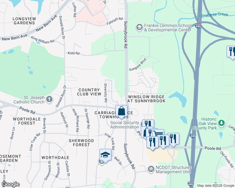 map of restaurants, bars, coffee shops, grocery stores, and more near 3209 Poole Road in Raleigh