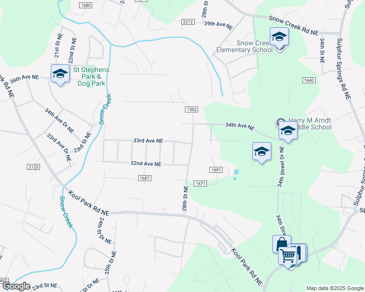 map of restaurants, bars, coffee shops, grocery stores, and more near 2760 33rd Avenue Northeast in Hickory