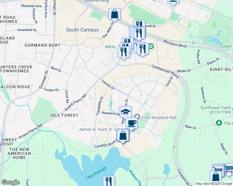 map of restaurants, bars, coffee shops, grocery stores, and more near 1730 Varsity Drive in Raleigh
