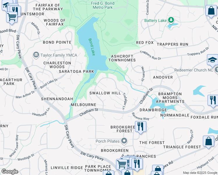 map of restaurants, bars, coffee shops, grocery stores, and more near 110 Swallow Hill Court in Cary