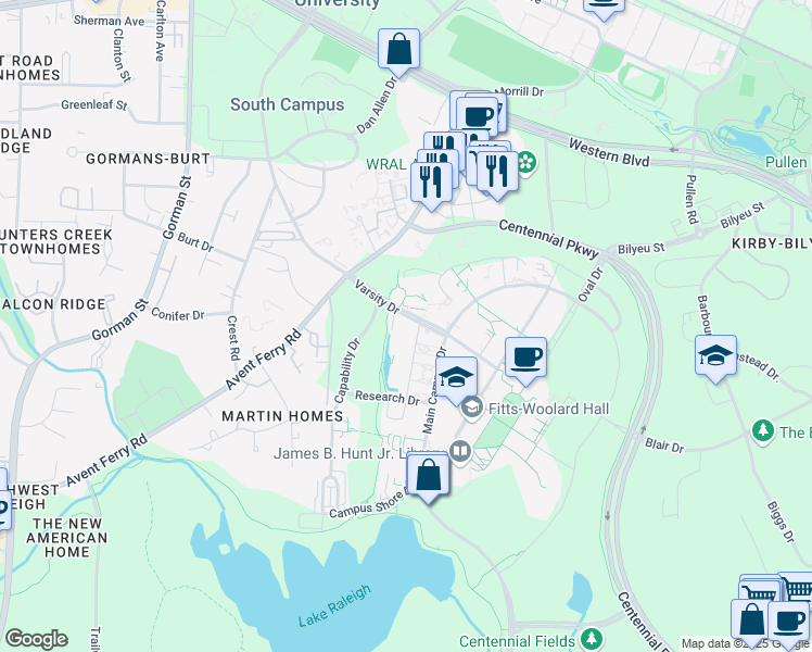map of restaurants, bars, coffee shops, grocery stores, and more near 1730 Varsity Drive in Raleigh