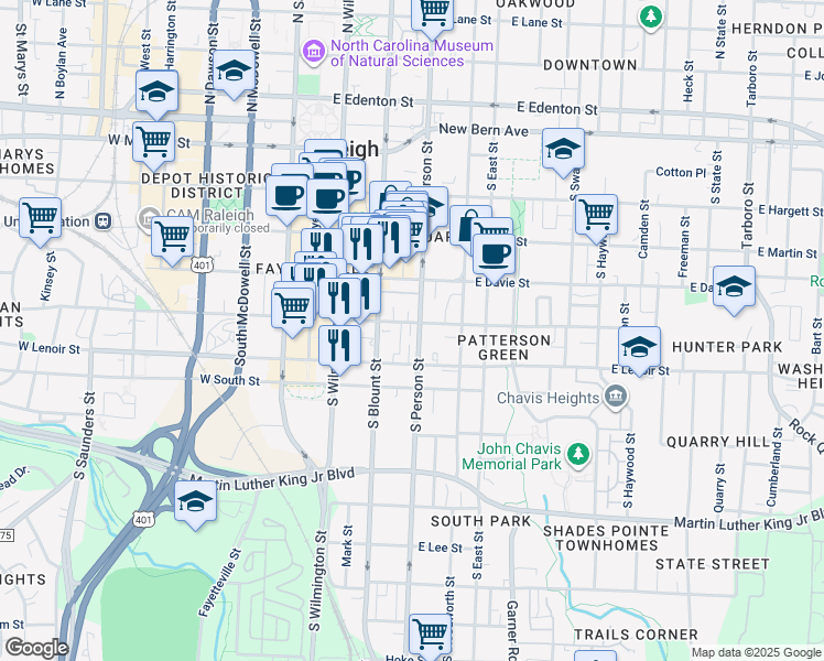 map of restaurants, bars, coffee shops, grocery stores, and more near 508 South Person Street in Raleigh