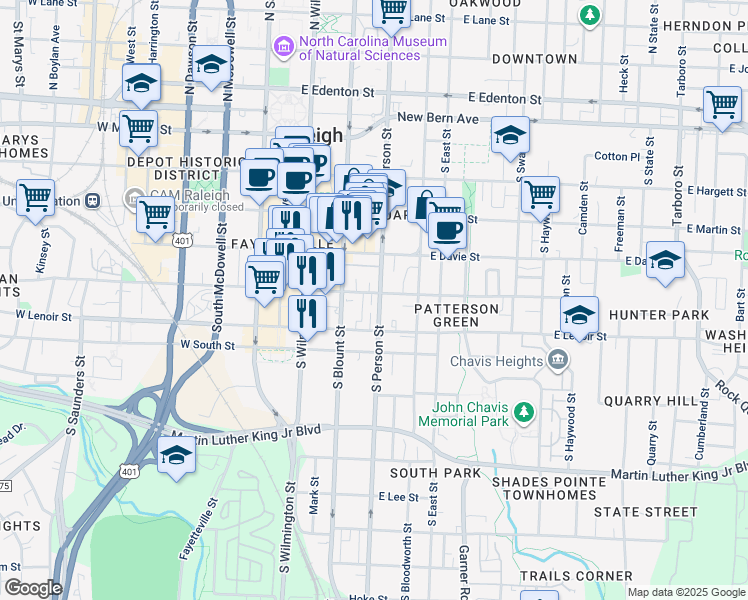 map of restaurants, bars, coffee shops, grocery stores, and more near 508 South Person Street in Raleigh