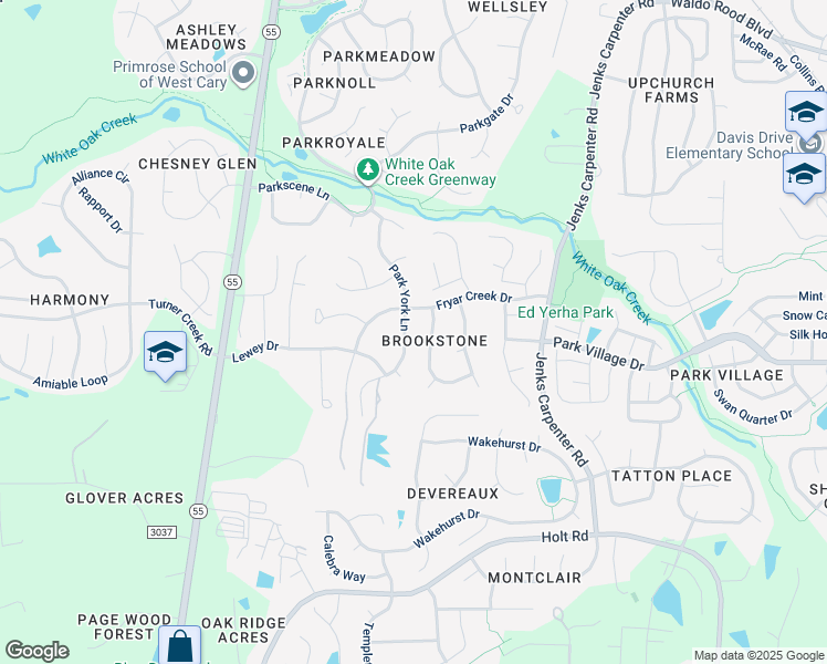 map of restaurants, bars, coffee shops, grocery stores, and more near 307 Park York Lane in Cary