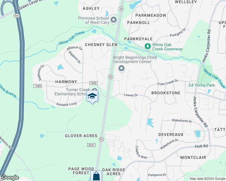 map of restaurants, bars, coffee shops, grocery stores, and more near 6736 Lewey Drive in Cary