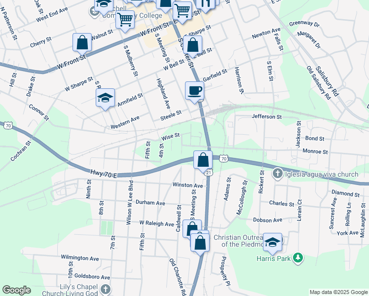 map of restaurants, bars, coffee shops, grocery stores, and more near 803 Caldwell Street in Statesville