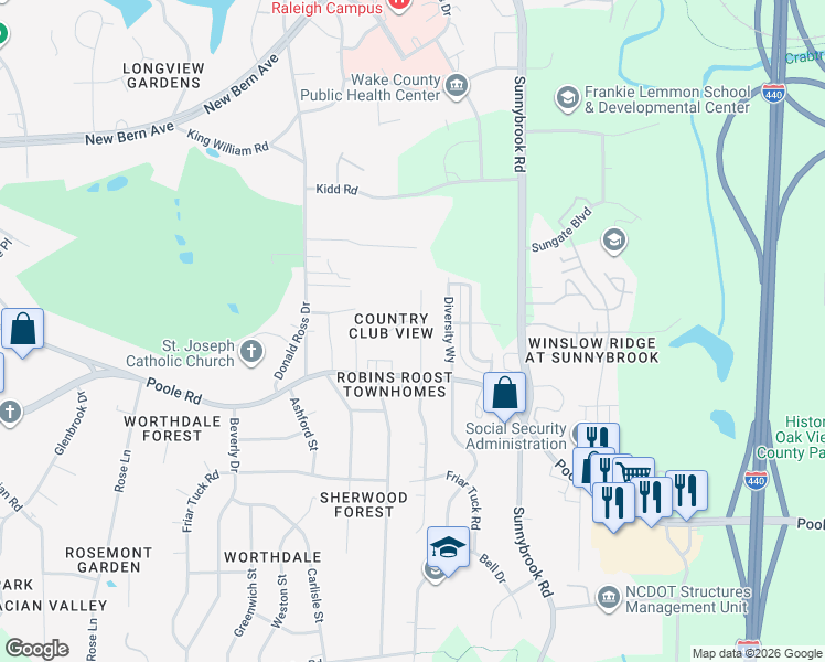 map of restaurants, bars, coffee shops, grocery stores, and more near 3120 Woodpecker Court in Raleigh