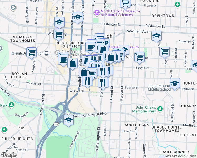 map of restaurants, bars, coffee shops, grocery stores, and more near 511 Fayetteville Street in Raleigh
