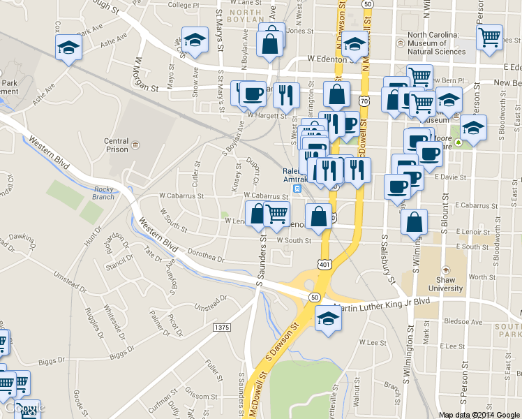 map of restaurants, bars, coffee shops, grocery stores, and more near 516 South Saunders Street in Raleigh