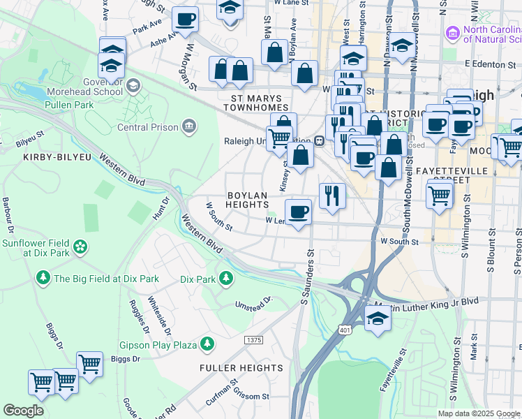 map of restaurants, bars, coffee shops, grocery stores, and more near 524 South Boylan Avenue in Raleigh