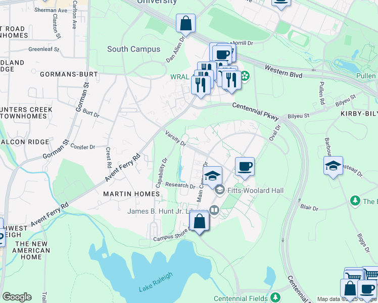 map of restaurants, bars, coffee shops, grocery stores, and more near 900 Main Campus Drive in Raleigh