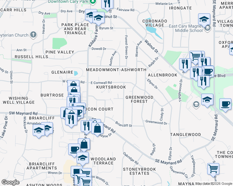 map of restaurants, bars, coffee shops, grocery stores, and more near 922 Washington Street in Cary