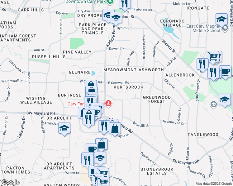 map of restaurants, bars, coffee shops, grocery stores, and more near 111 Medcon Court in Cary