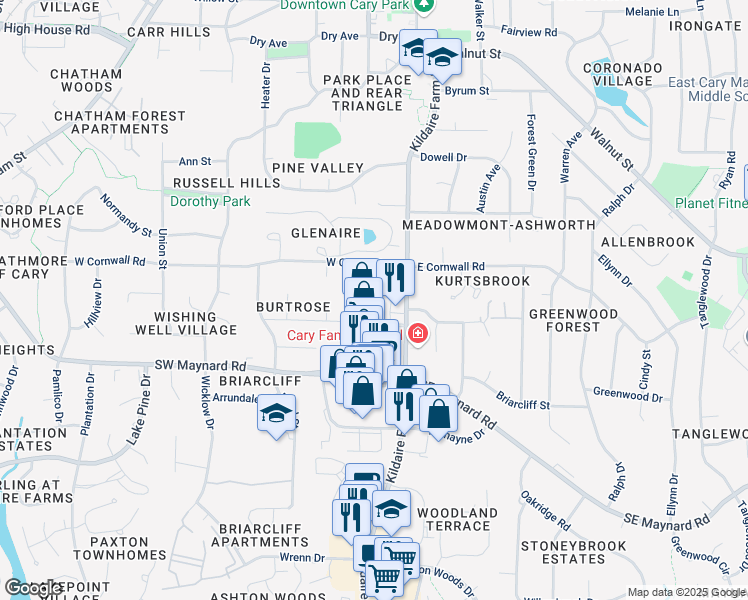map of restaurants, bars, coffee shops, grocery stores, and more near 960 Kildaire Farm Rd in Cary