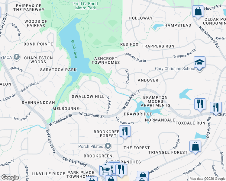 map of restaurants, bars, coffee shops, grocery stores, and more near 122 Trafalgar Lane in Cary