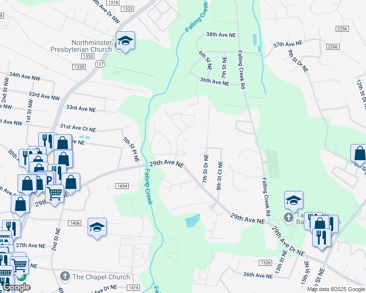 map of restaurants, bars, coffee shops, grocery stores, and more near 3040 30th Avenue Circle Northeast in Hickory