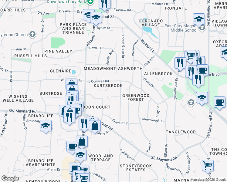map of restaurants, bars, coffee shops, grocery stores, and more near 922 Washington Street in Cary