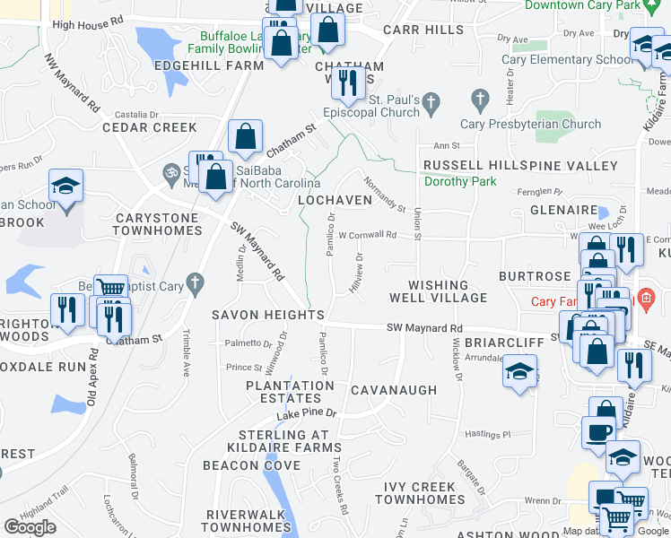 map of restaurants, bars, coffee shops, grocery stores, and more near 919 Pamlico Drive in Cary