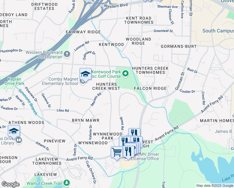 map of restaurants, bars, coffee shops, grocery stores, and more near 3407 Whitford Court in Raleigh