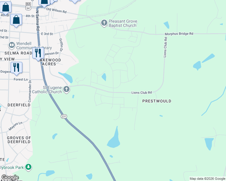 map of restaurants, bars, coffee shops, grocery stores, and more near in Wendell