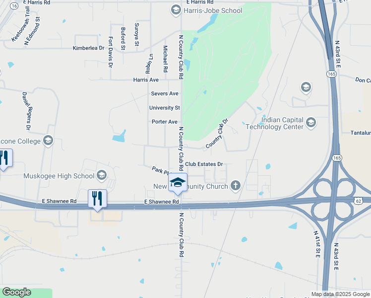 map of restaurants, bars, coffee shops, grocery stores, and more near 3605 Country Club Drive in Muskogee